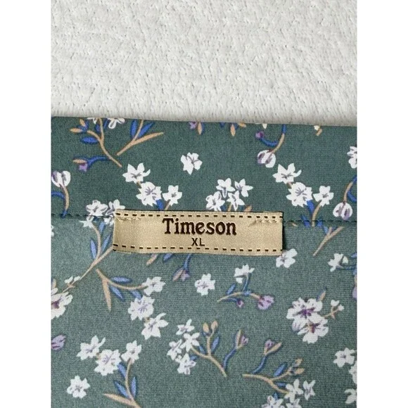 Timeson XL Sage Green Ditsy Floral Short Sleeve Blouse Open Collar EUC - Picture 4 of 5